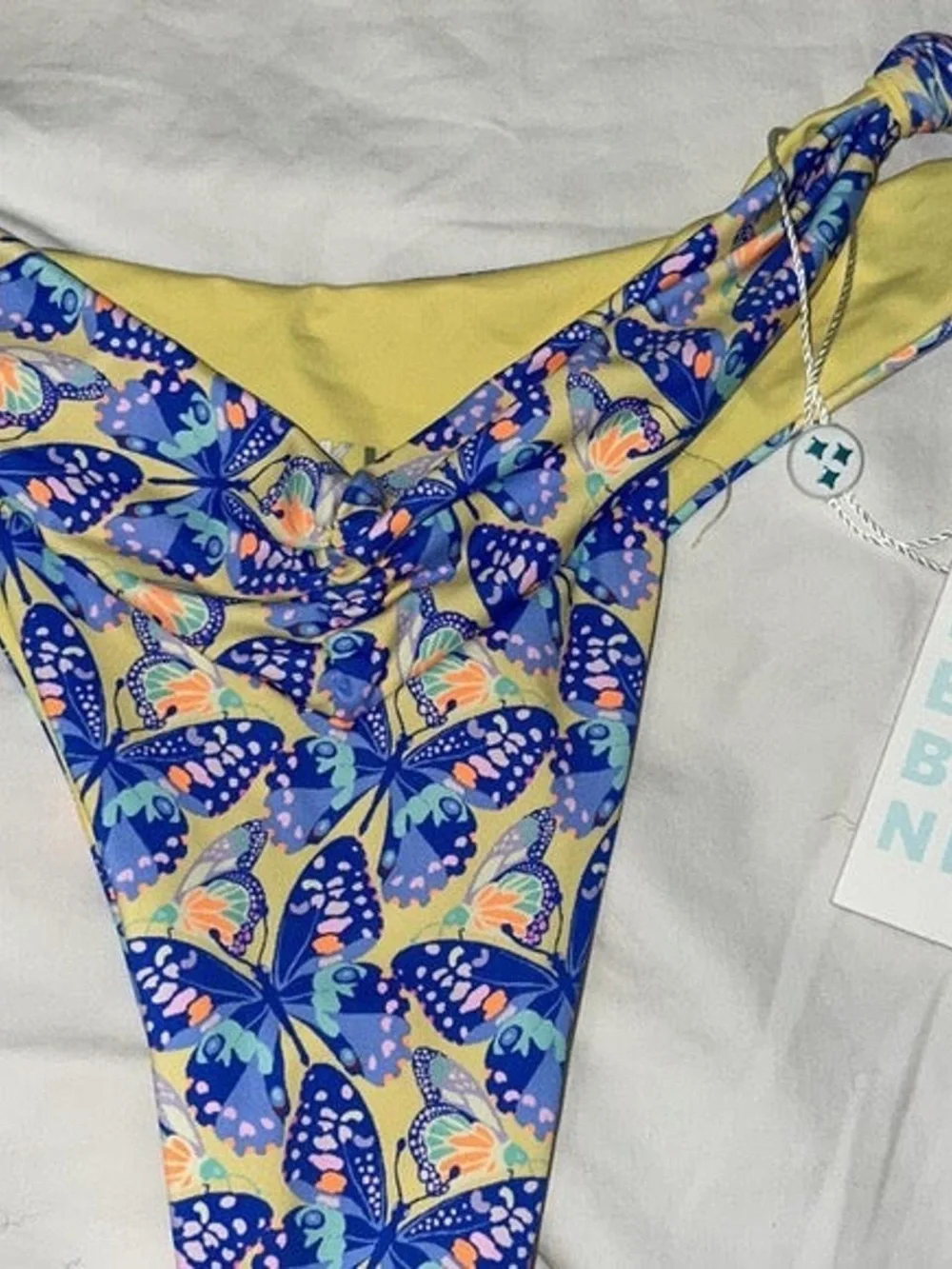 Frankie's Bikinis Blue and Cream Butterfly Tie-Front Bikini Top and tie bottoms